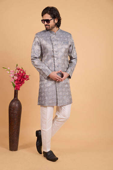 Art Silk Grey Wedding Wear Readymade Indowestern And Aligadhi Pant For Men