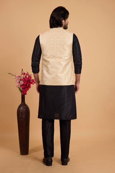 Black Art Silk Wedding Wear Readymade Kurta And Aligadhi Pant For Men