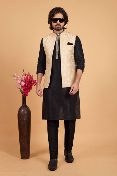Black Art Silk Wedding Wear Readymade Kurta And Aligadhi Pant For Men