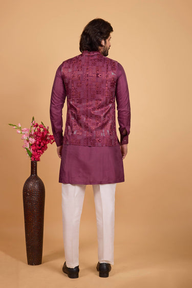 Art Silk Wine Readymade Kurta And Aligadhi Pant With Embroidered Jacket For Men