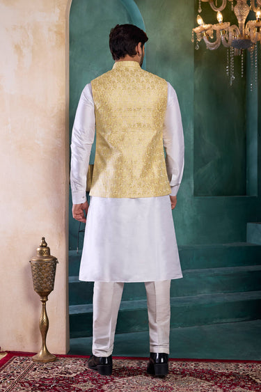 Off White Wedding Wear Readymade Kurta And Aligadhi Pant For Men