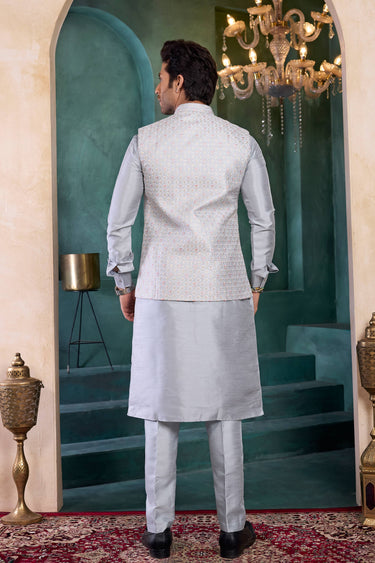 Grey Wedding Wear Art Silk Readymade Kurta And Aligadhi Pant For Men