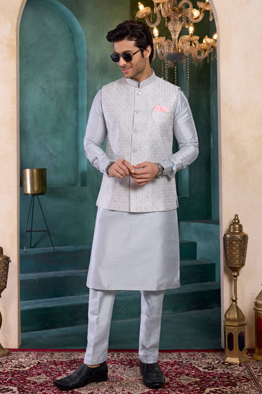 Grey Wedding Wear Art Silk Readymade Kurta And Aligadhi Pant For Men