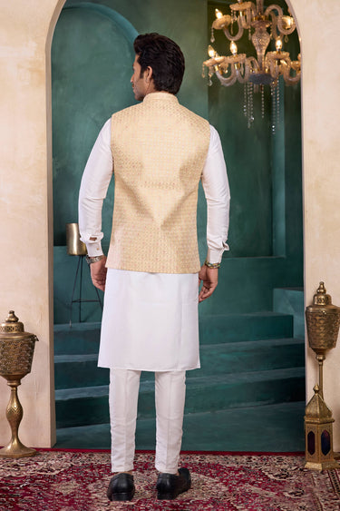 Art Silk Off White Readymade Kurta And Aligadhi Pant With 3 Pcs Jacket Set For Men