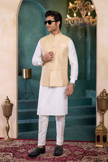 Art Silk Off White Readymade Kurta And Aligadhi Pant With 3 Pcs Jacket Set For Men