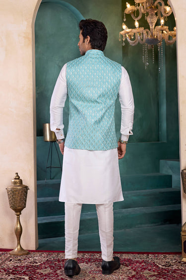 Art Silk Fabric Off White Wedding Wear Readymade Kurta And Aligadhi Pant With Embroidered Jacket For Men