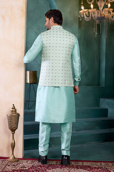 Sea Green Wedding Wear Readymade Kurta And Aligadhi Pant With Jacket For Men