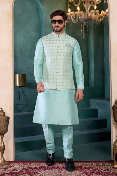 Sea Green Wedding Wear Readymade Kurta And Aligadhi Pant With Jacket For Men