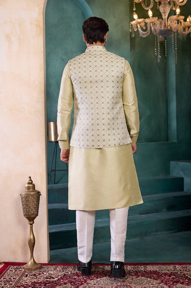 Jacquard Beige Men Readymade Kurta And Aligadhi Pant With 3 Pcs Jacket Set For Wedding Wear