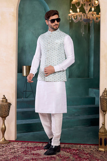 Gorgeous Off White Color Jacquard Wedding Wear Readymade Kurta And Aligadhi Pant With 3 Pcs Jacket Set For Men