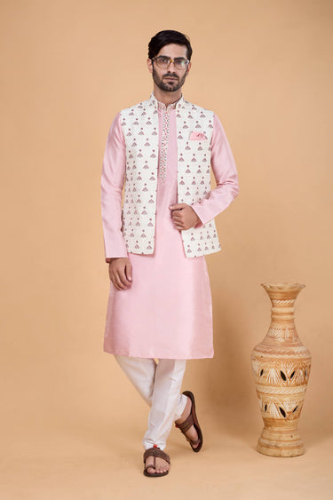 Pink Wedding Wear Art Silk Men Readymade Kurta And Aligadhi Pant With 3 Pcs Jacket Set