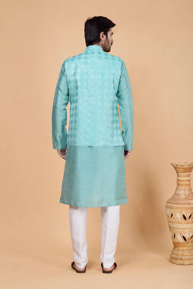 Cyan Wedding Wear Readymade Kurta And Aligadhi Pant With Embroidered Jacket For Men