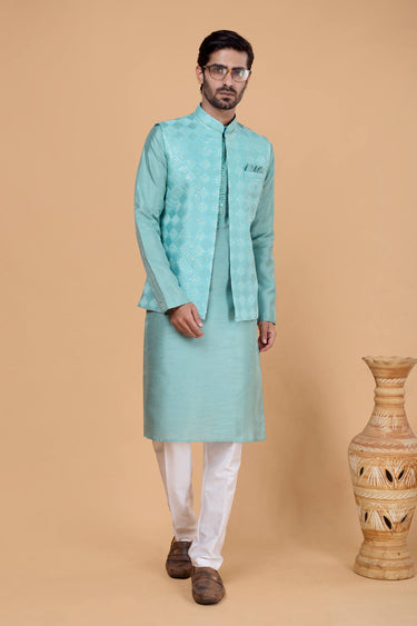 Cyan Wedding Wear Readymade Kurta And Aligadhi Pant With Embroidered Jacket For Men