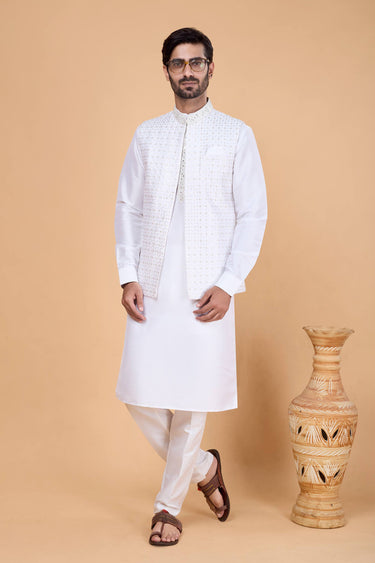 Off White Wedding Wear Readymade Kurta And Aligadhi Pant With Embroidered Jacket For Men
