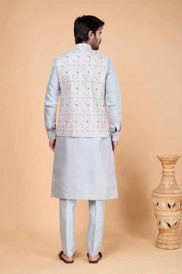 Art Silk Grey Men Readymade Kurta And Aligadhi Pant With 3 Pcs Jacket Set For Wedding Wear