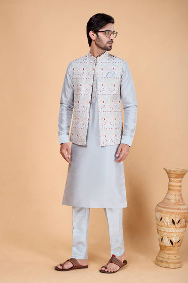 Art Silk Grey Men Readymade Kurta And Aligadhi Pant With 3 Pcs Jacket Set For Wedding Wear