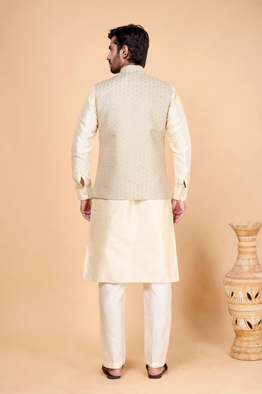 Beige Art Silk Men Readymade Kurta And Aligadhi Pant For Wedding Wear