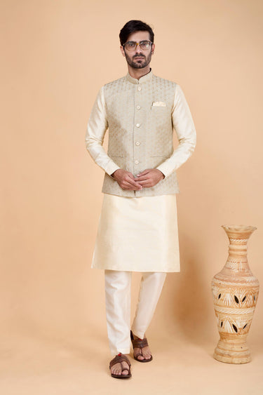 Beige Art Silk Men Readymade Kurta And Aligadhi Pant For Wedding Wear
