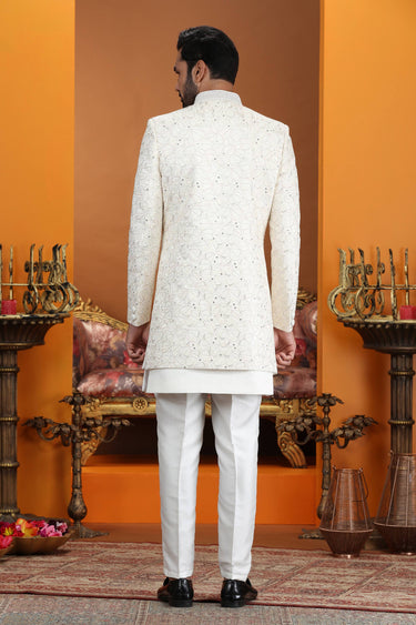 Art Silk Cream Embroidered Readymade Indo Western For Wedding Wear