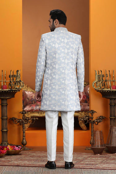 Grey Wedding Wear Art Silk Fabric Readymade Indo Western