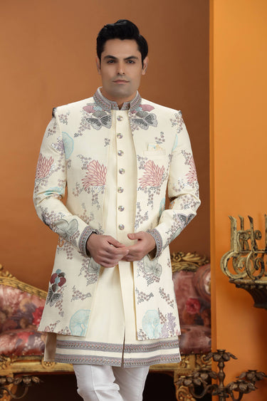 Cream Wedding Wear Art Silk Embroidered Readymade Indo Western