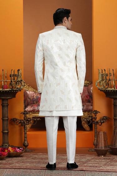 Embroidered Art Silk Cream Readymade Indo Western For Wedding Wear