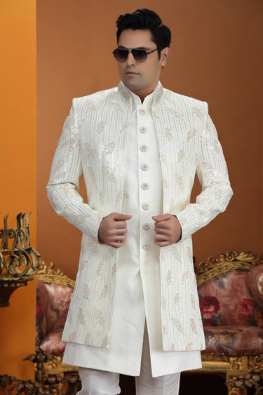 Embroidered Art Silk Cream Readymade Indo Western For Wedding Wear