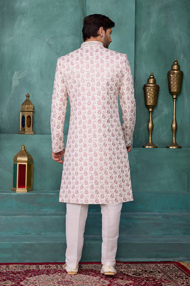 Art Silk Embroidered Cream Wedding Wear Readymade Sherwani For Men