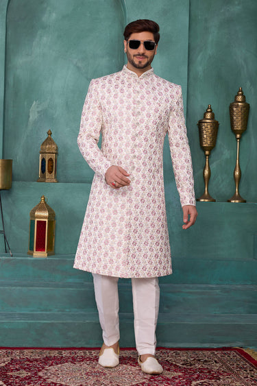 Art Silk Embroidered Cream Wedding Wear Readymade Sherwani For Men
