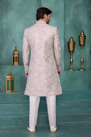 Art Silk Embroidered Pink Wedding Wear Readymade Sherwani For Men