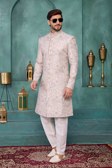 Art Silk Embroidered Pink Wedding Wear Readymade Sherwani For Men