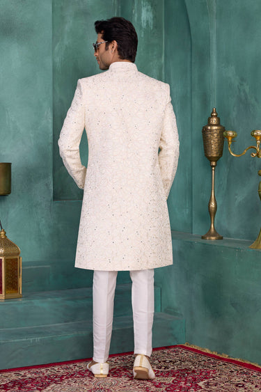 Art Silk Fabric Beige Wedding Wear Readymade Sherwani For Men