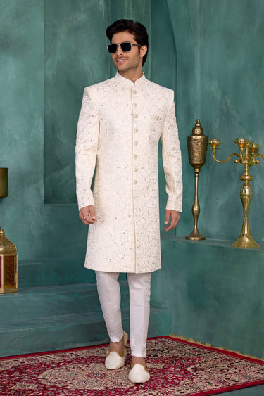 Art Silk Fabric Beige Wedding Wear Readymade Sherwani For Men
