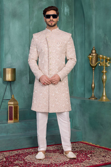 Art Silk Fabric Embroidered Pink Wedding Wear Readymade Sherwani For Men