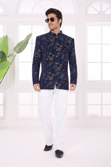 Velvet Fabric Navy Blue Readymade Jodhpuri Jacket For Wedding Wear