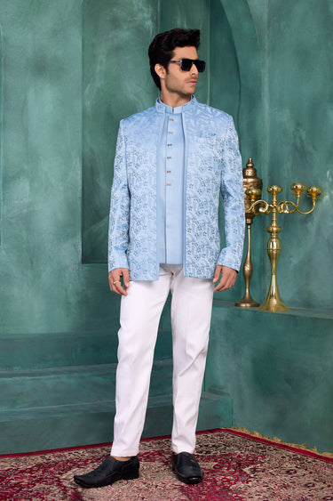 Jacquard Silk Blue Wedding Wear Readymade Jodhpuri Jacket