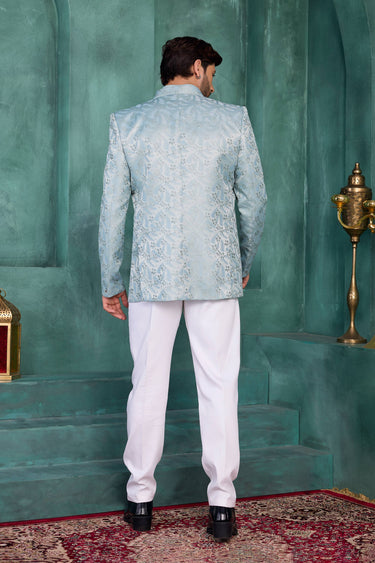 Sea Green Wedding Wear Jacquard Silk Fabric Jodhpuri Jacket