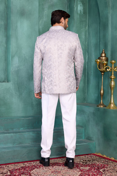 Grey Wedding Wear Jacquard Silk Readymade Jodhpuri Jacket
