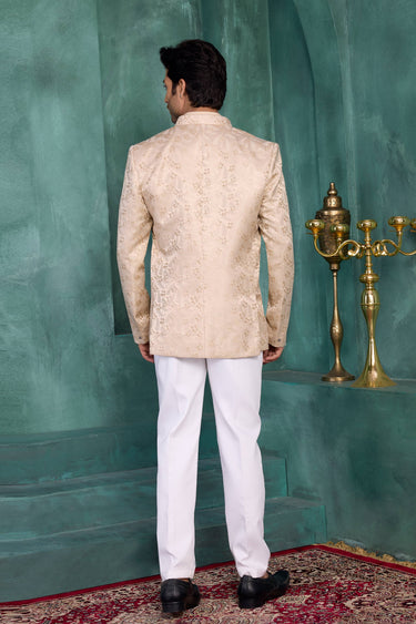 Jacquard Silk Peach Wedding Wear Readymade Jodhpuri Jacket