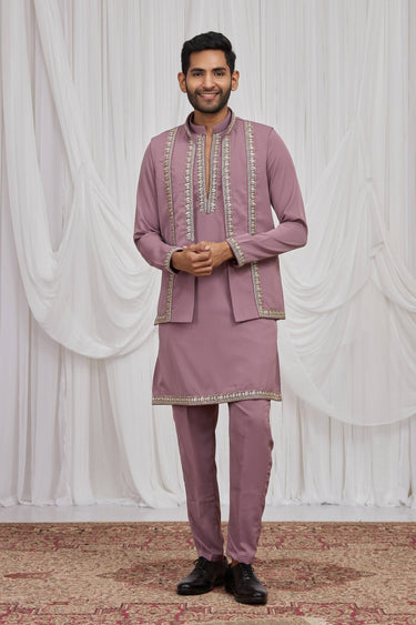 Pink Function Wear Fancy Fabric Readymade Kurta Pyjama With Jacket For Men