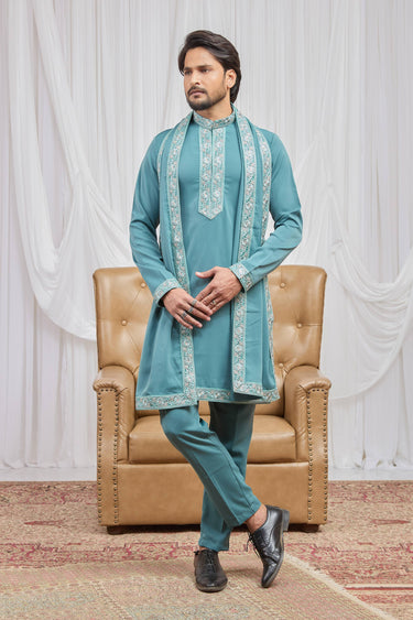 Fancy Fabric Embroidered Cyan Function Wear Readymade Kurta Pyjama With Dupatta For Men