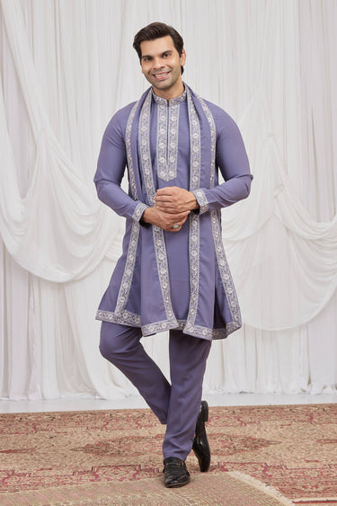 Purple Function Wear Fancy Fabric Readymade Kurta Pyjama With Dupatta For Men