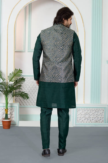 Jacquard Dark Green Wedding Wear Readymade Kurta And Aligadhi Pant With Jacket For Men
