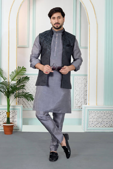 Jacquard Fabric Grey Men Readymade Kurta And Aligadhi Pant With Jacket For Wedding Wear
