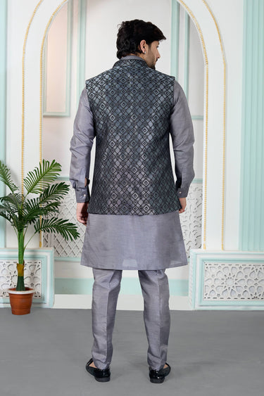 Grey Wedding Wear Jacquard Readymade Kurta And Aligadhi Pant For Men