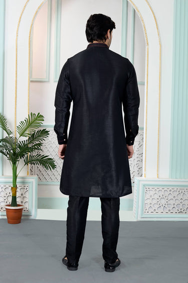 Black Jacquard Fabric Wedding Wear Readymade Kurta And Aligadhi With Jacket For Men