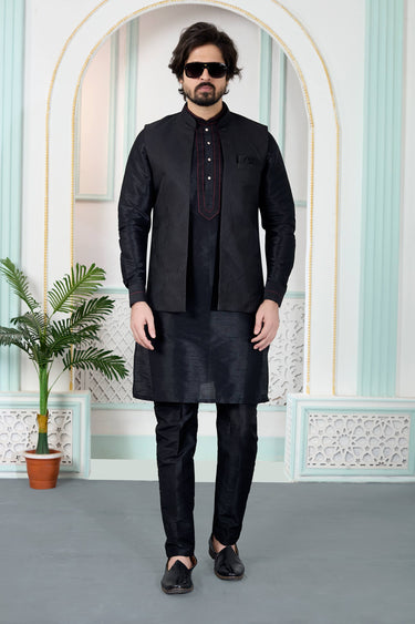 Jacquard Fabric Black Men Readymade Kurta And Aligadhi Pant With Jacket For Men