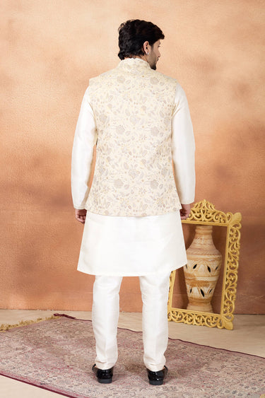 Jacquard Wedding Wear Beige Readymade Kurta And Aligadhi For Men