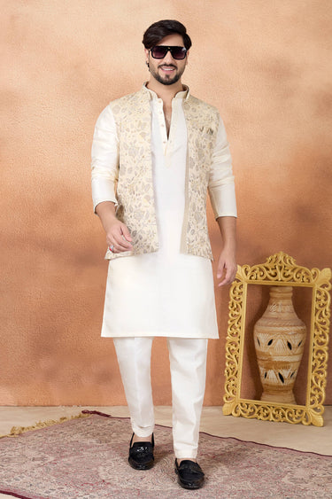 Jacquard Wedding Wear Beige Readymade Kurta And Aligadhi For Men