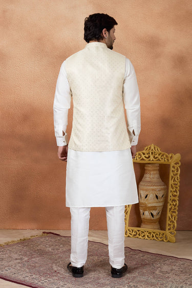Jacquard Fabric Cream Men Readymade Kurta And Aligadhi With Jacket For Wedding Wear